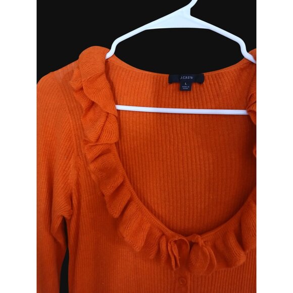 J Crew Orange Silk Cashmere Blend Ruffle Cardigan Sweater L Open Low Neckline - Picture 3 of 11
